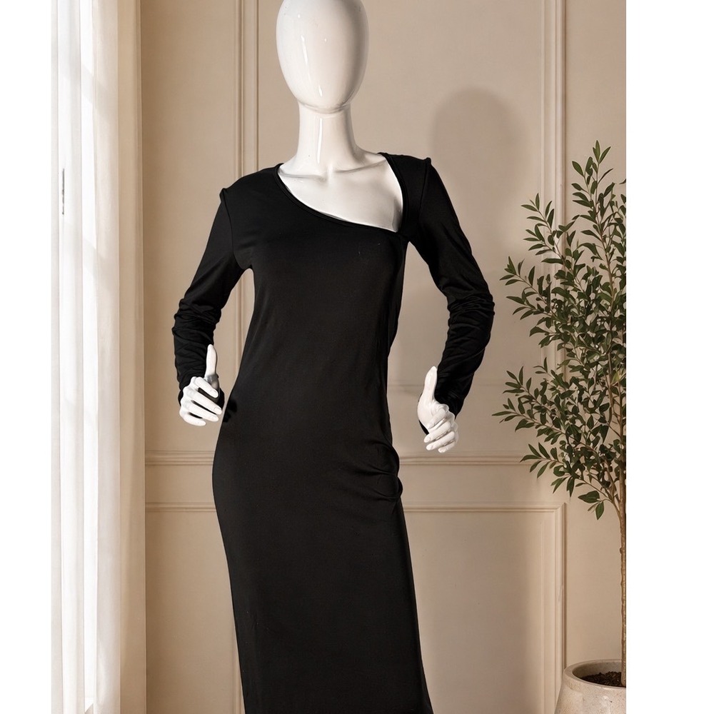 Micas‎ Black Asymmetrical Neck Maxi Dress with Slit Elegant Bodycon Party Dress - Picture 7 of 8